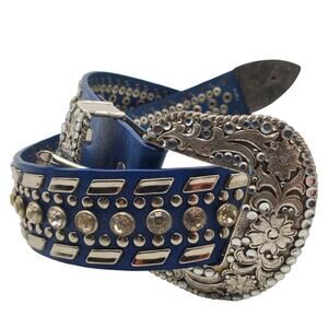 Nocona Blue Leather Crystal Studded Western Belt Silver Buckle Cowgirl Small 26"